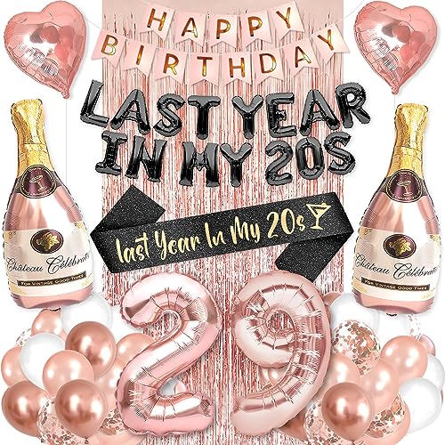 29th Birthday Party Decorations for Women Rose Gold Supplies Set with Last Year In My 20s Balloon Banner and Sash including 29 BDay Digit Balloons for Her