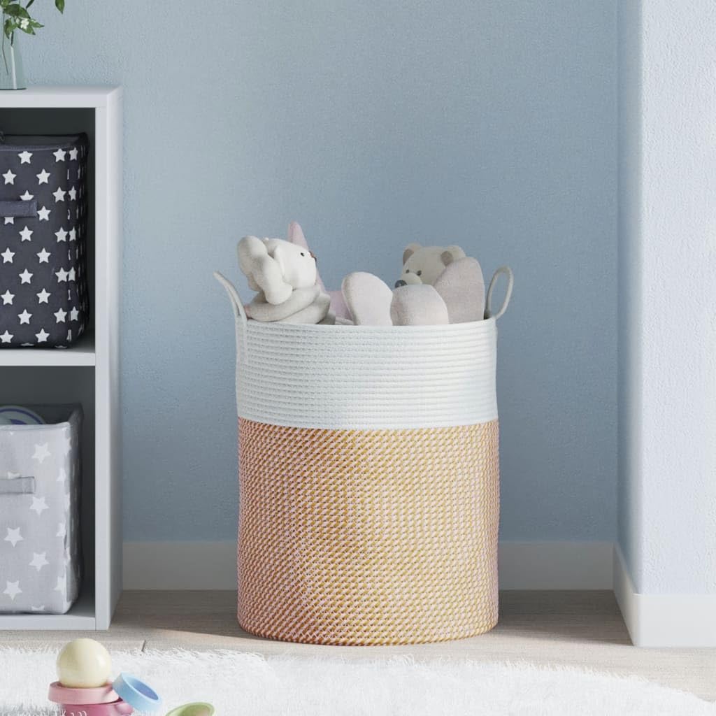 Aufbewahrungskorb Braun Weiß Baumwolle geflochten Ø38x46 cm mit Griffen vielseitig für Wäsche Spielzeug Kleidung Ordnung Wohnzimmer Schlafzimmer Büro
