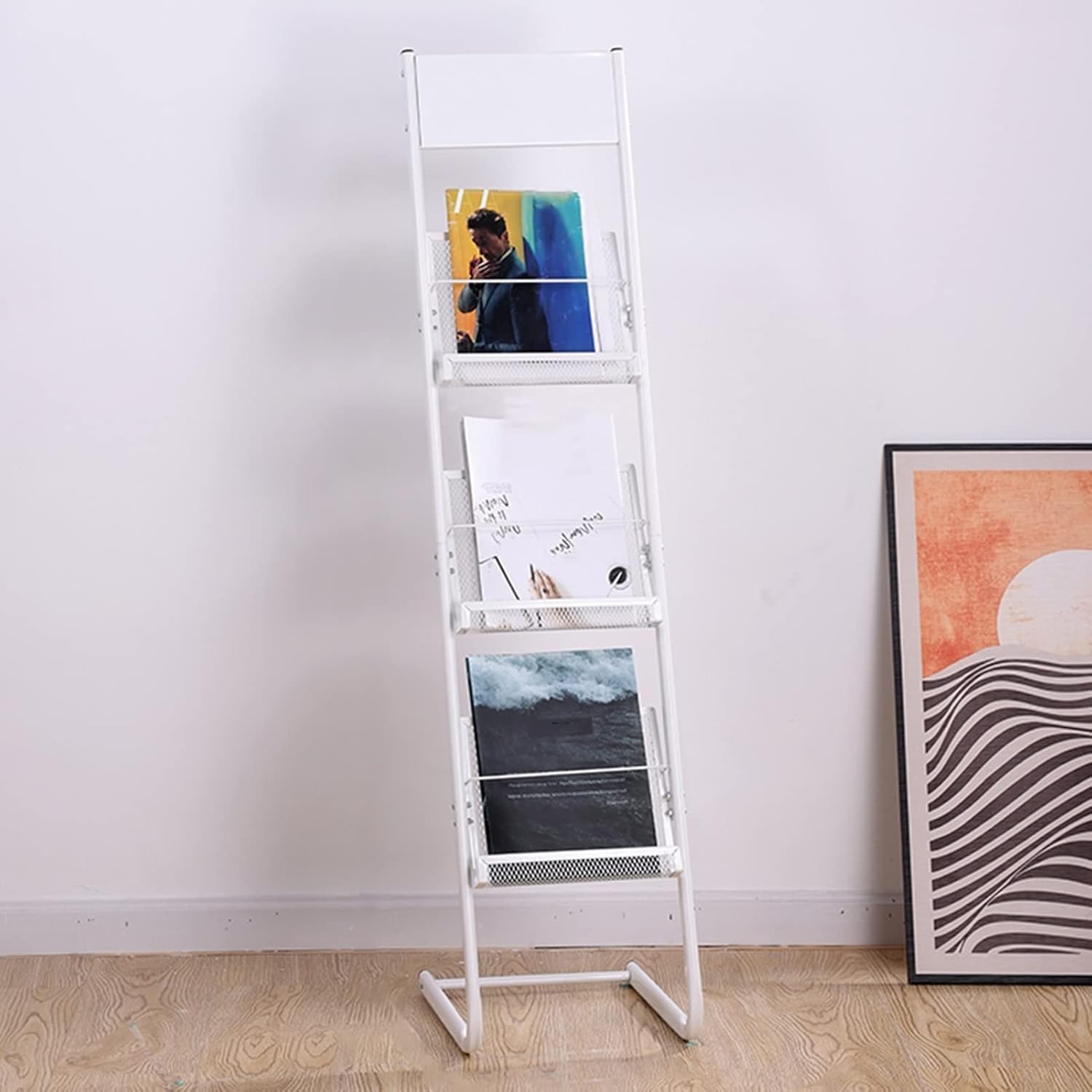 Magazine Rack Home Magazine Display Stand Slim 3 Tier Magazine Rack Steel Brochure Storage Rack (White)