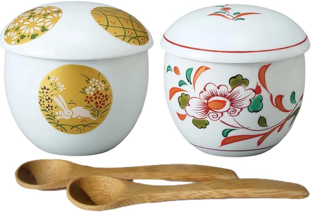 Japanese Chawan-mushi Cups with Lid and Spoon, 3.3 x H3.3 Inches, 5.0 fl. Ounces, Traditional Ancient Japanese floral pattern, Mino Ware, Set of 2, from Japan M19389