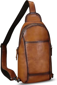 Genuine Leather Sling Bag Handmade Retro Crossbody Sling Backpack Purse Chest Shoulder Hiking Daypack Fanny Pack Brown