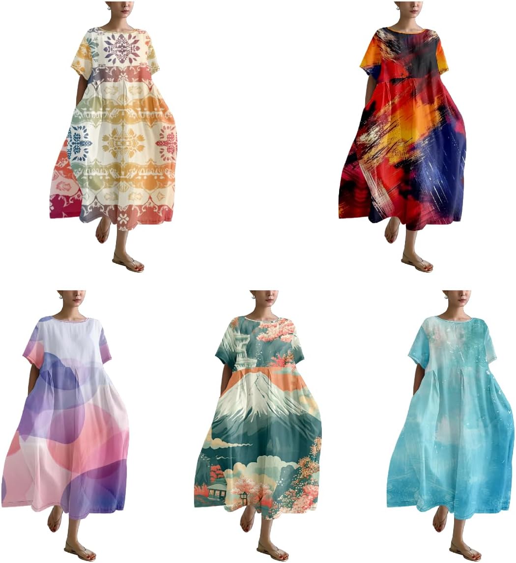 Short Sleeve Maxi Dress Casual Fashion Crew Neck Short Sleeve Ladies Summer Dresses A-line Sundress - Image 3