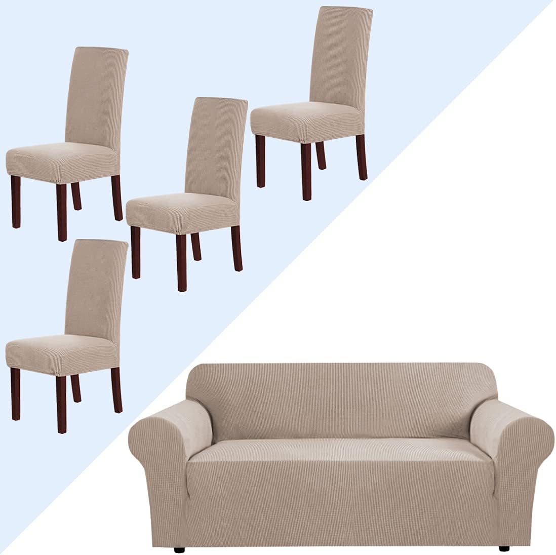 H.VERSAILTEX Stretch Sofa Covers Slipcovers for 3 Cushion Sofa Bundle Covers for Dining Room Set of 4, Sand