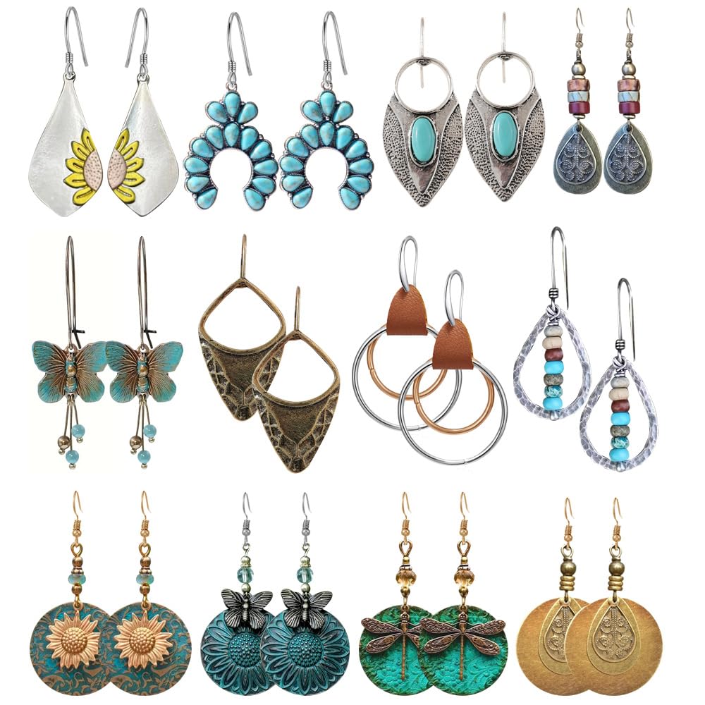 Hefanny12 Pairs Teardrop Druse Crystal Drop Dangle Earrings for Women Cubic Zirconia Huggie Hoop Earring Jewelry Set Christmas Gifts