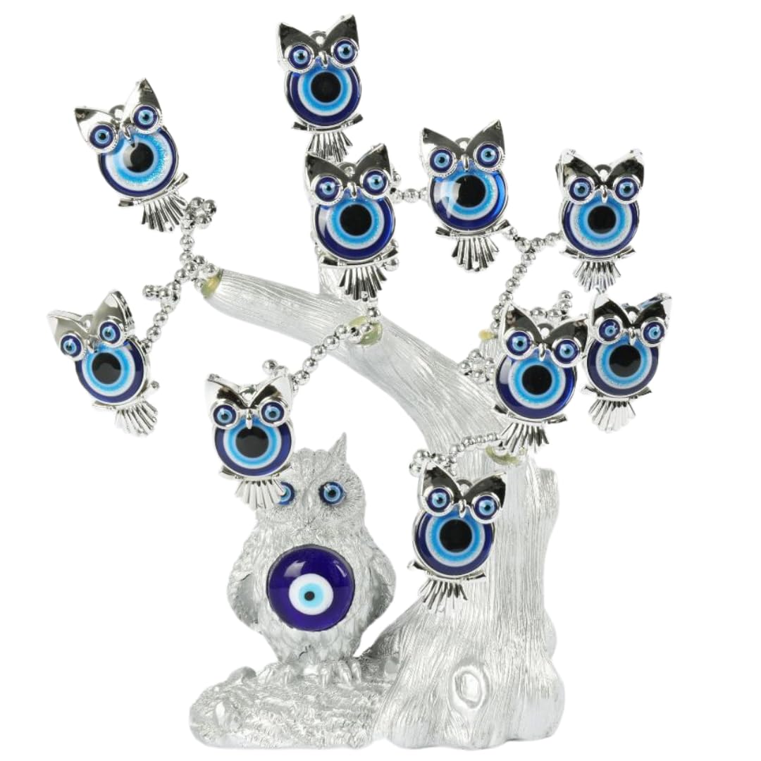 Trendi Turkish Blue Evil Eye Tree Figurine | Nazar Coaster Tree for Protection, Good Luck & Prosperity | Feng Shui Showpiece Gift for Home & Office Decor (Owl Silver)