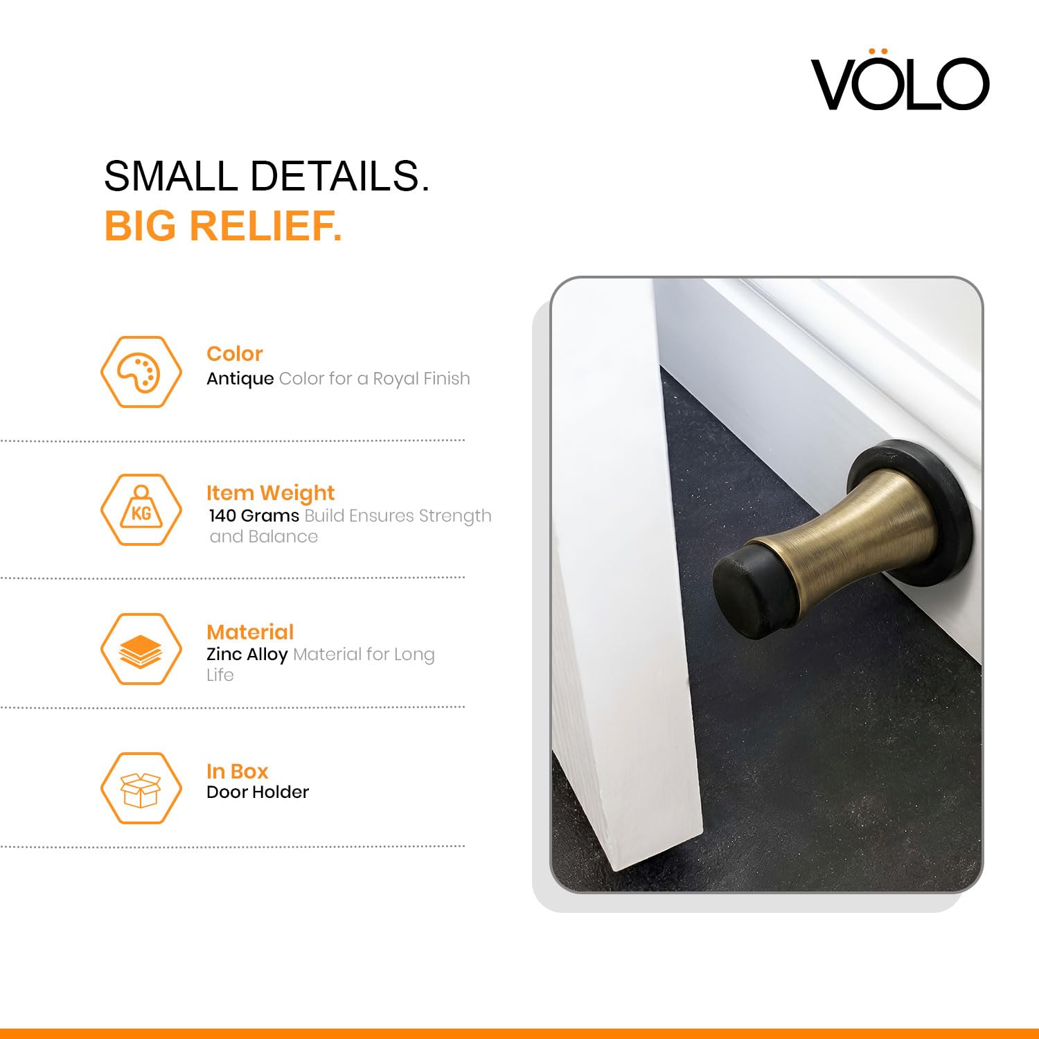 Volo Pack of 2 Pieces Heavy Duty Wall Mounted Door Stops, Rigid Door Stopper with Low Mounted Black Rubber Bumper Tips, Protect Wall & Door for Kitchen, Bedroom, Office (Antique Brass) — Amazon image 5