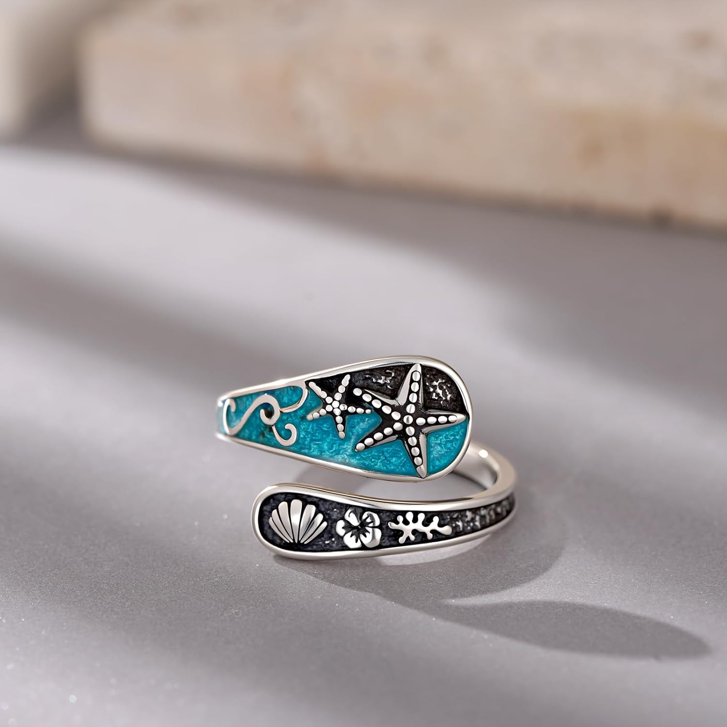 Starfish Spoon Ring 925 Sterling Silver Adjustable Starfish Open Ring Ocean Beach Jewelry for Women Ocean Lovers