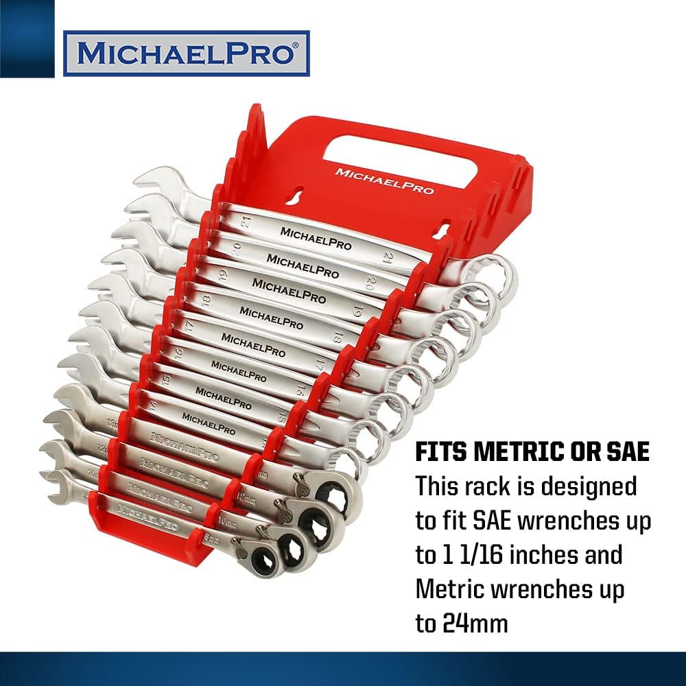 MichaelPro 15-Piece Wrench Organizer with Handle, Red, Non-Magnetic