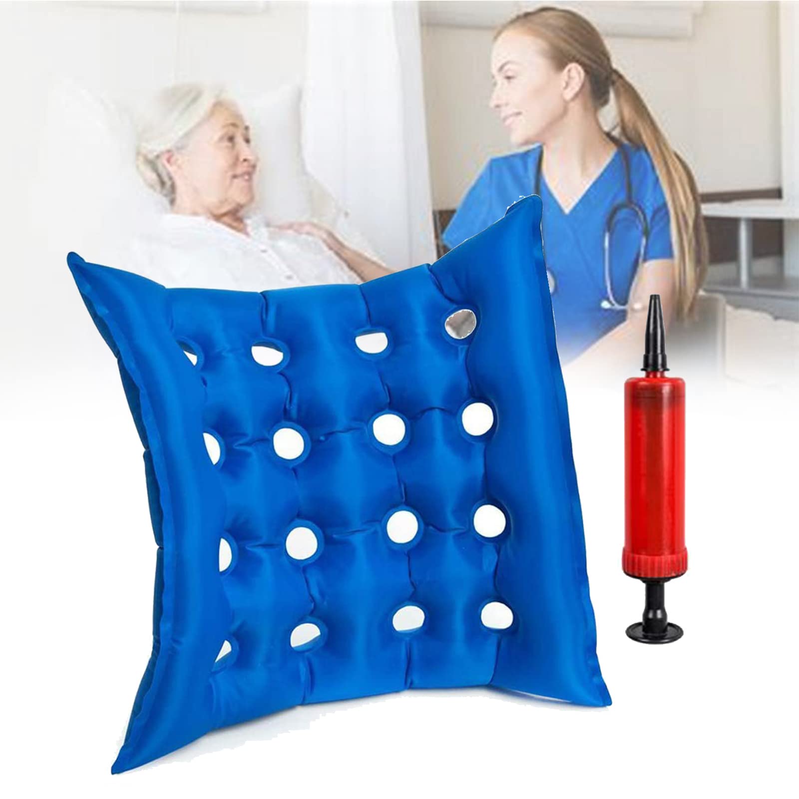 NEFSO Cojín Cuadrado Inflable - Asiento De Cojín De Dona para Llagas De Cama Hemorroides Silla De Ruedas, Aliviar El Alivio del Dolor por Presión (con Bomba De Aire),Azul (Azul)