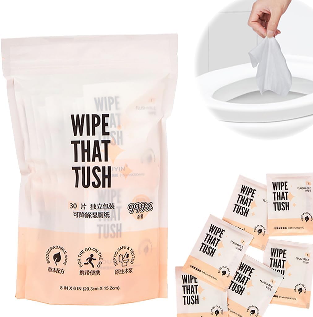 TERRIFI 30Pcs Wet Wipes Individually Wrapped, On-The-Go Flushable Wet Wipes, Extra-Large Wipes with Aloe, Hypoallergenic & Unscented for Adults Body Hand Face Cleaning Travel Bathroom Toilet Use