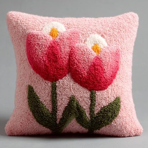 Henypt Latch Hook Cushion Kit 43x43cm,Tulips DIY Pillow Cover for Sofa Bedroom,Beginner Friendly Craft Set with Pre-Printed Canvas