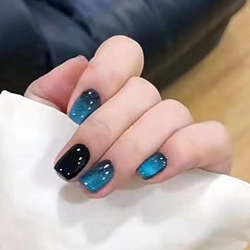 Glue on Nails Short Cat Eye Press on Nails Square Color Changing Fake Nails Black & Blue Full Cover Acrylic Nails Glossy & Glitter False Nails Petite Artificial Nails for Women 24 Pcs