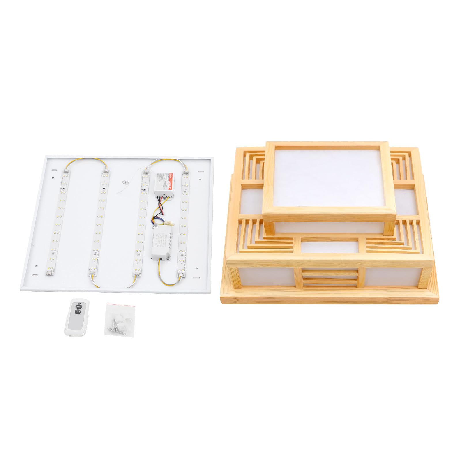 Plafón LED cuadrado, techo de madera, tres colores ajustables con mando a distancia, diseño japonés moderno, alcance del mando a distancia, aproximadamente 5 metros, sombra cerrada, para salón
