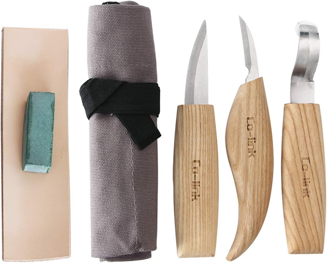 Cuchillo de Gancho de Talla de Madera para tallar cucharas Tazones Kuksa y Tazas, Herramientas de Tallado de Cuchara para diestrus Viene con un compuesto de pulido de cuero y una bolsa de tela