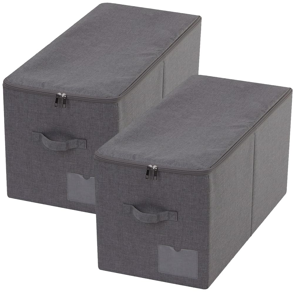 Pack of 2, Folding Clothing Wardrobe Storage Bins with Dust-proof Lid, Large 60L Storage Baskets for Bedroom Closet, Wardrobe Organizer, Such as Sweaters, Down Jackets, Blankets, Black Gray