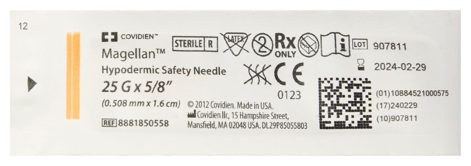 Cardinal Health™ Monoject™ Magellan™ Hypodermic Safety Needle, Orange, 25GA x 0.625IN, Case of 500