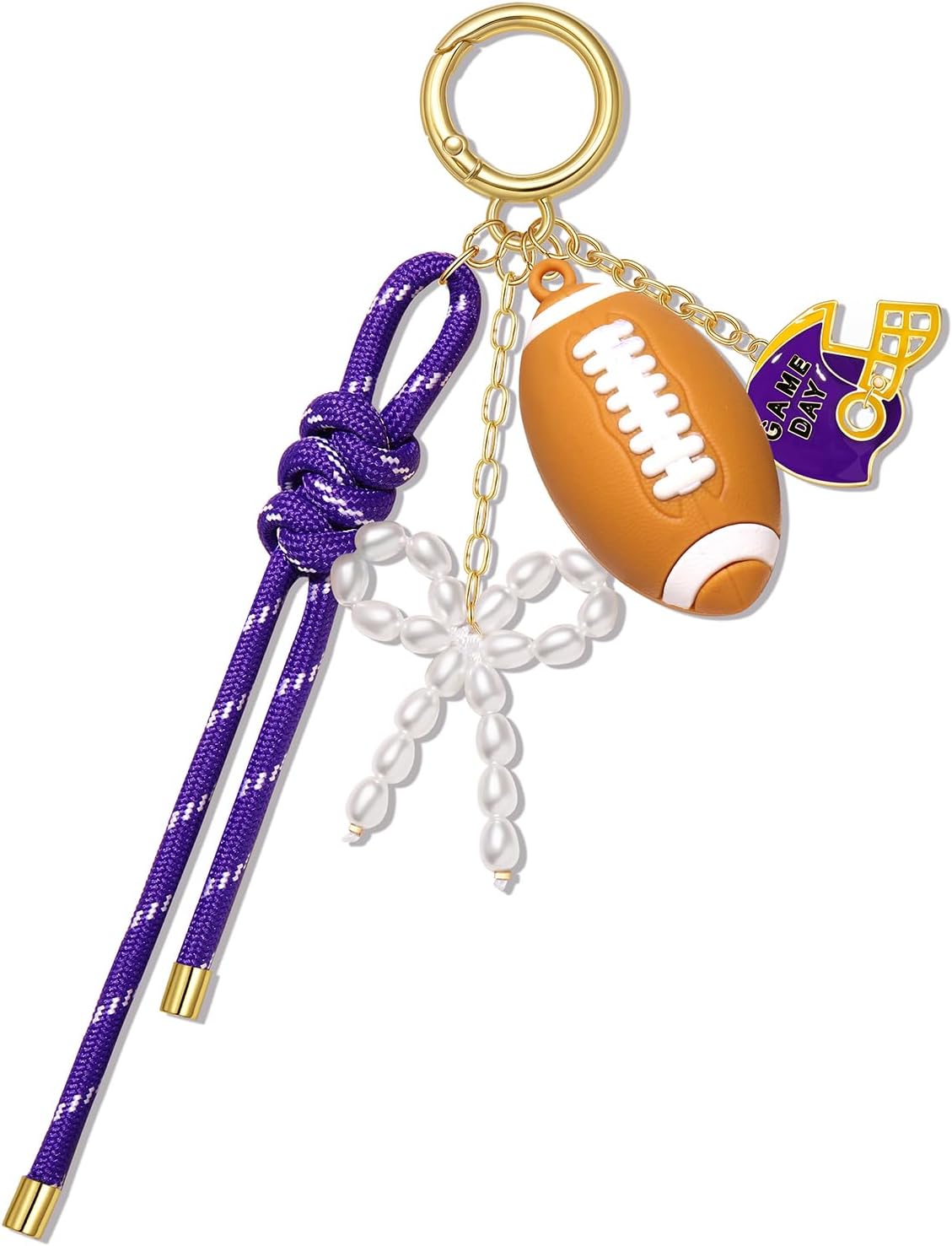 Football Bag Charms Keychain for Women Men Pearl Bow Nylon Rope Rugby Purse Charms Football Cheer Mom Accessories Gears Gifts