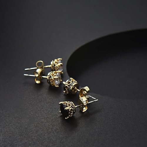 Miniatura 9 de Aretes negros y dorados para hombres y mujeres, con corona retro, hipoalergénicos, de acero inoxidable, con circonita cúbica