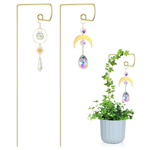 Plant Trellis for Potted Plants Indoor with Colorful Crystal Sun Catcher, 13.78 Inch Metal Plant Stakes for Indoor Plants,Plant Accessories Indoor for Home Garden,Plant Lover Gift, Gold 2 Pack