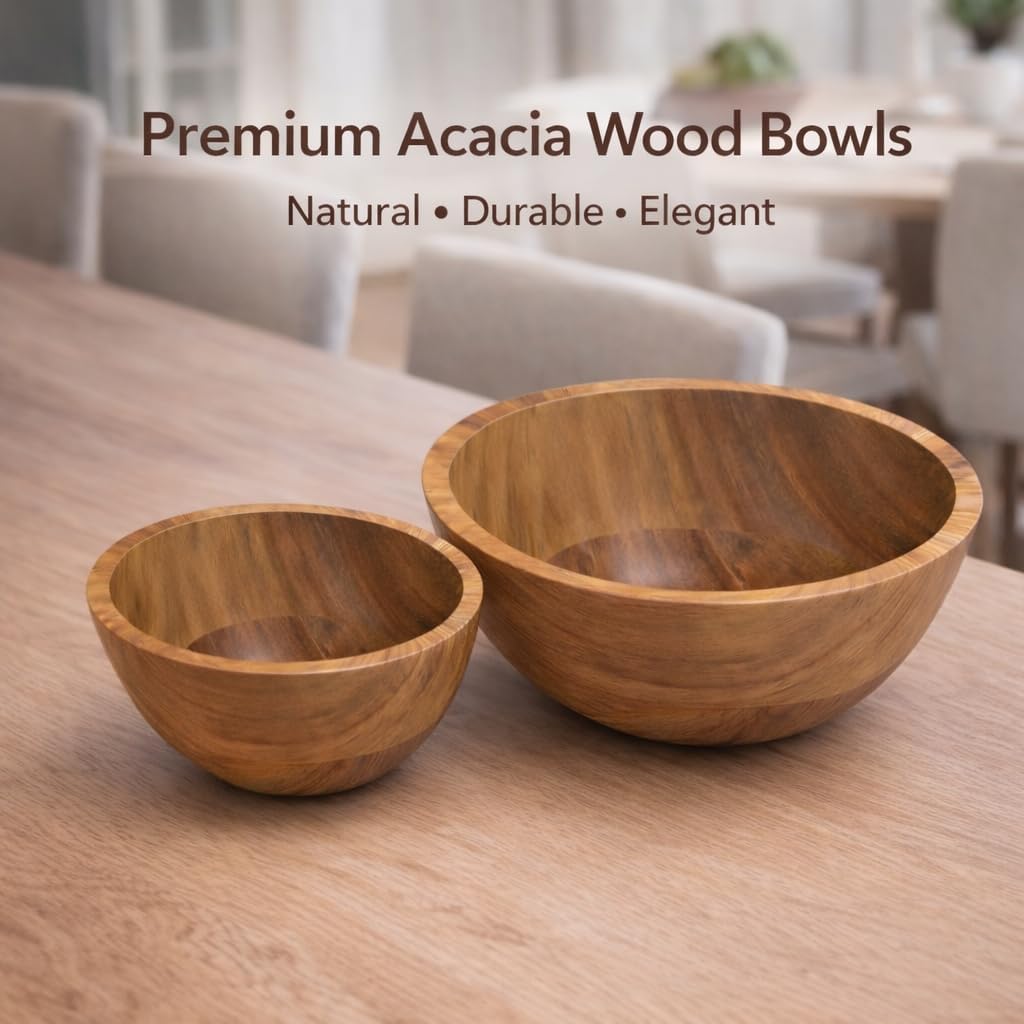 Acacia Wood Bowls Set of 2 – Small & Large Wooden Serving Bowls, 100% Natural Solid Acacia, Smooth Finish, Water Resistant, Easy to Clean, Salad Snack Fruit Kitchen Bowls