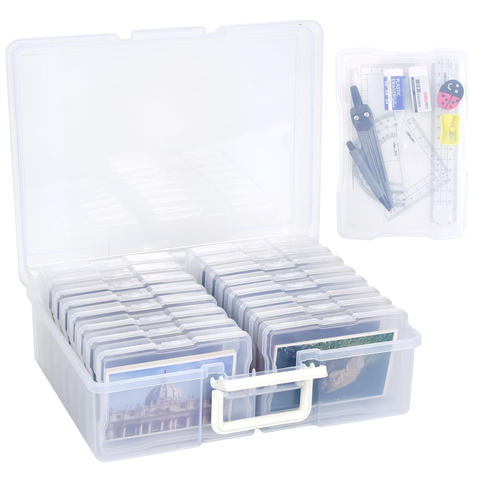 Fotoboxen, Foto Schachtel Aufbewahrung mit 16 Innenboxen für je 100 Bilder, Foto Organizer Transparent, Karten Aufbewahrungsbox Plastik, Sortierboxen Saatgut, 17x12x3cm, Total 38x31x13cm (Transparent) Küche, Haushalt & Wohnen