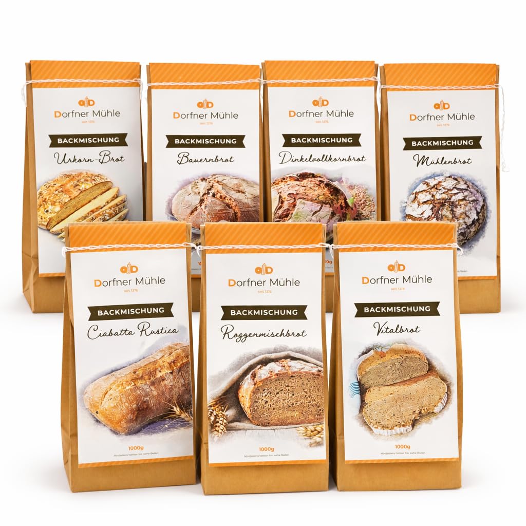 Brotbackmischungen Dorfner Mühle - 14 Brote [7x1kg] Probierset - Handgemacht in Bayern seit Generationen - ohne künstliche Zusätze