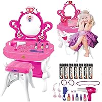 Vista 1 de Dimple Juego de tocador de princesa 2 en 1 con accesorios de maquillaje, sonidos de teclado de piano musical y luces intermitentes, secador de pelo