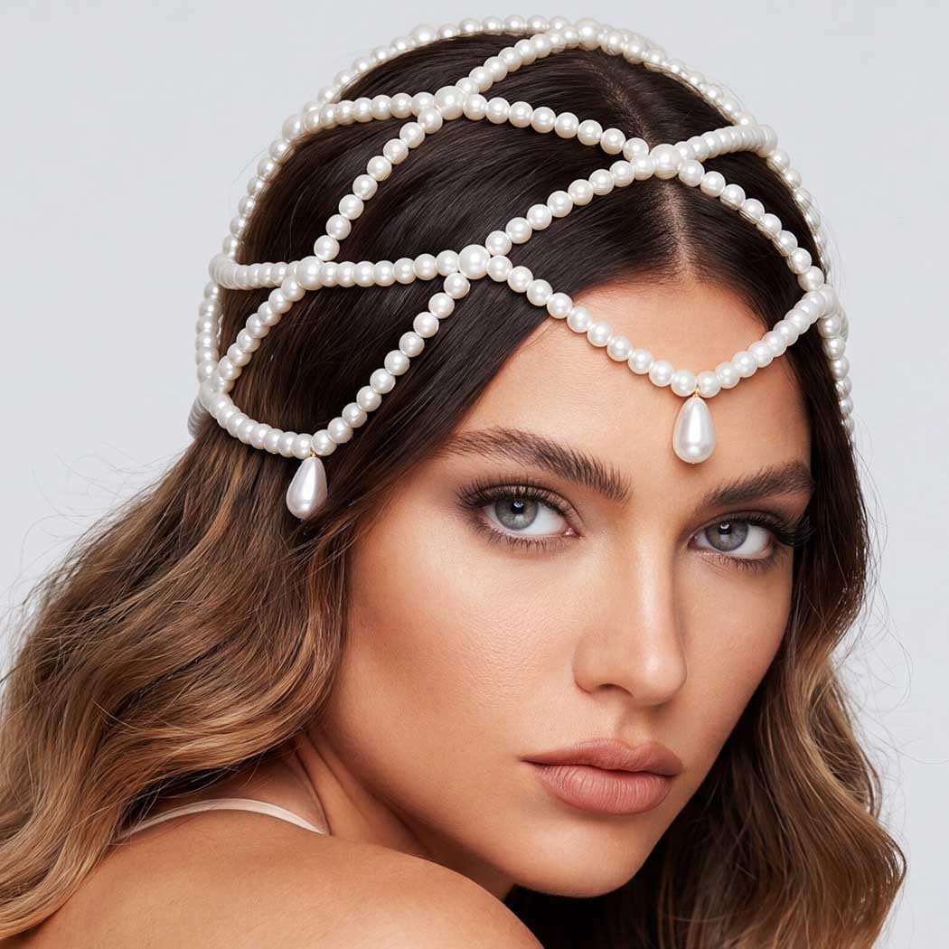 BARTOSI Pearl Headpiece Cap Bridal Roaring 20s Hair Accessories for Women | White Pearls Mesh Head Chain Vintage 1920s Flapper Hair Cap Prom Headpiece