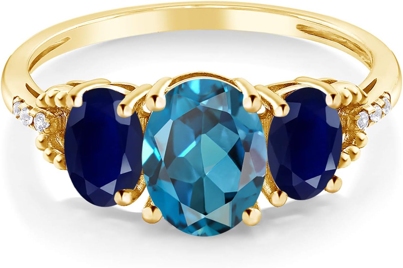 Gem Stone King 10K Yellow Gold Oval London Blue Topaz Blue Sapphire and Diamond 3-Stone Engagement Ring For Women | 2.64 Cttw | 3 Stone Wedding Anniversary Promise Ring For Women - Image 2