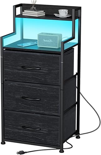 Miniatura 8 de Mesita de noche alta con luz y estación de carga, mesita de noche con 3 cajones de tela y estante de almacenamiento, mesitas de noche con puertos