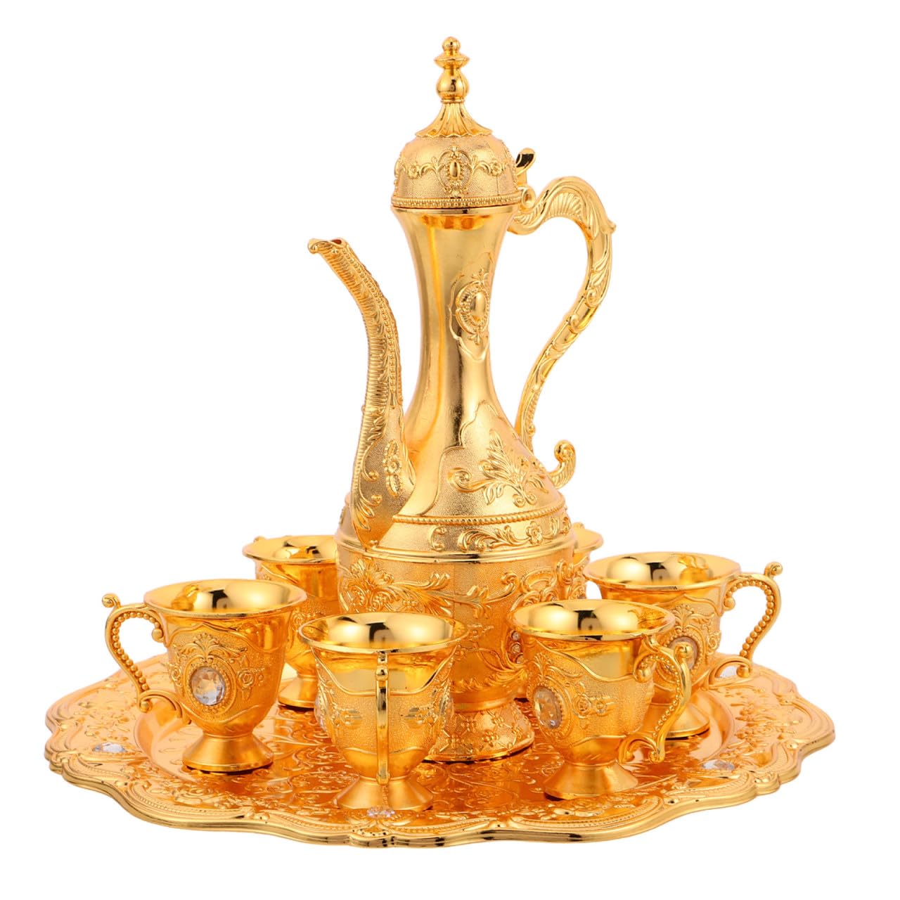 Set da Tè Turco Antico Vintage in Legno Oro con Vassoio e Piattini | Stile Europeo Moderno, Finitura Embossata con Cristalli, per Esposizione
