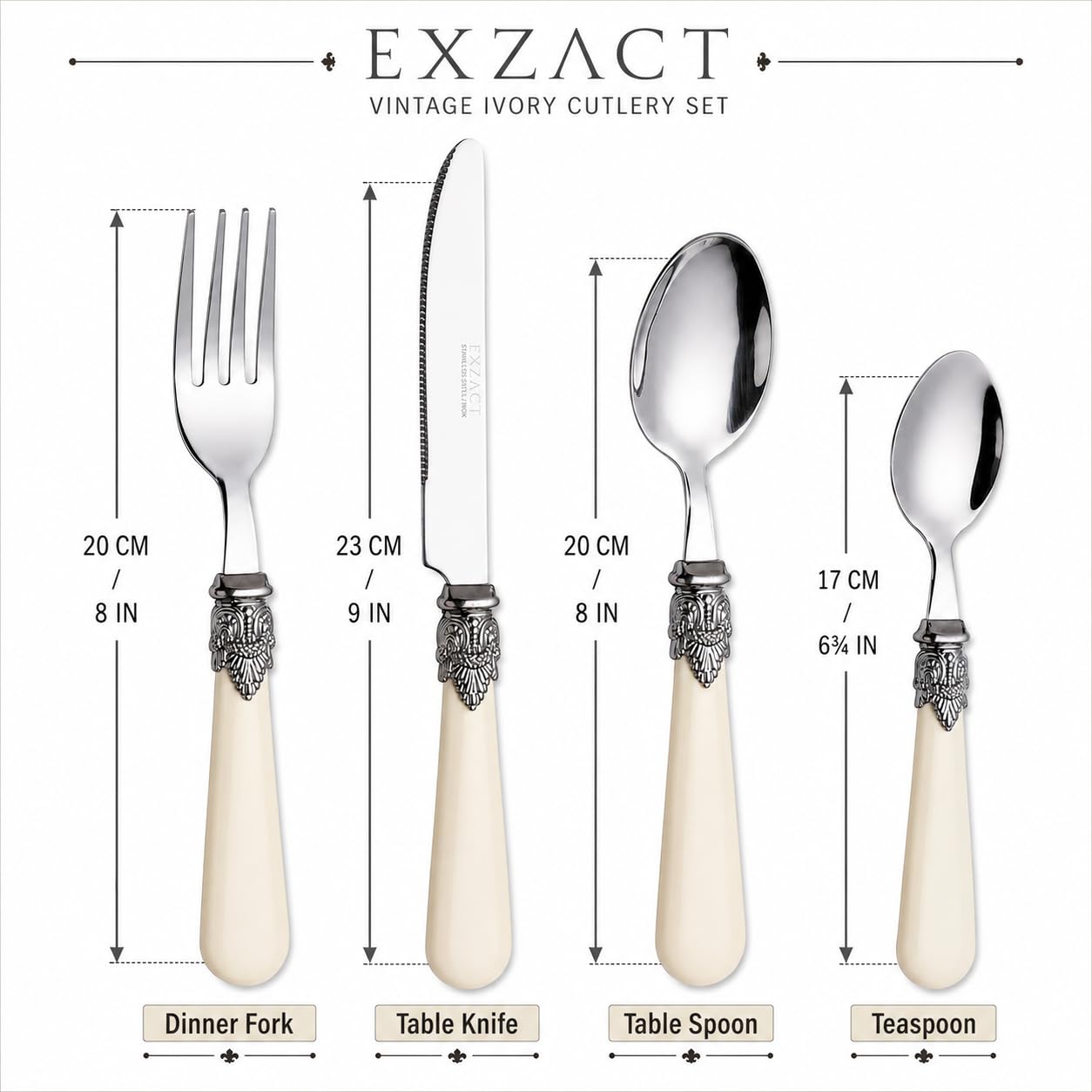 EXZACT Ensemble de couverts crème ivoire 24 PCS, acier inoxydable avec poignée détaillée, traditionnel, élégant, Vintage Style/Antique (WF28-24CRM)