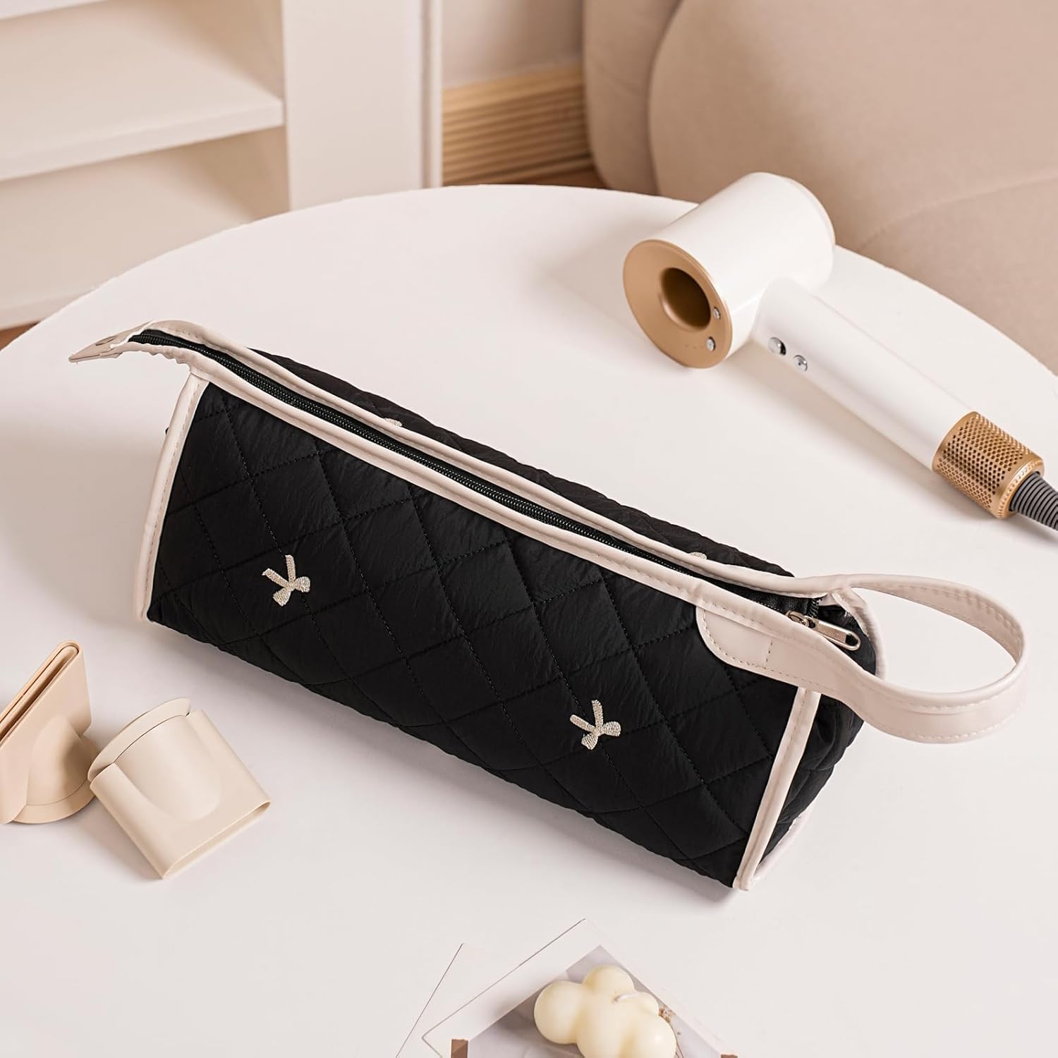 Hair Tools Travel Bag and Heat Resistant Mat for Flat Irons, Straighteners, Curling Iron, and Haircare Accessories, Cotton Floral Carrying Storage Bag, Cute Portable Organizer with Handle (Black)