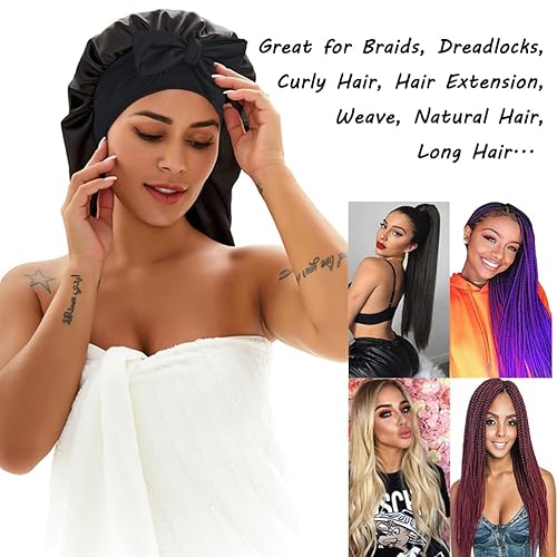 Miniatura 6 de 2 gorros de seda para dormir, gorro trenzado de satén con banda de corbata, gorro de dormir para mujeres y hombres, trenzas de cabello largo y