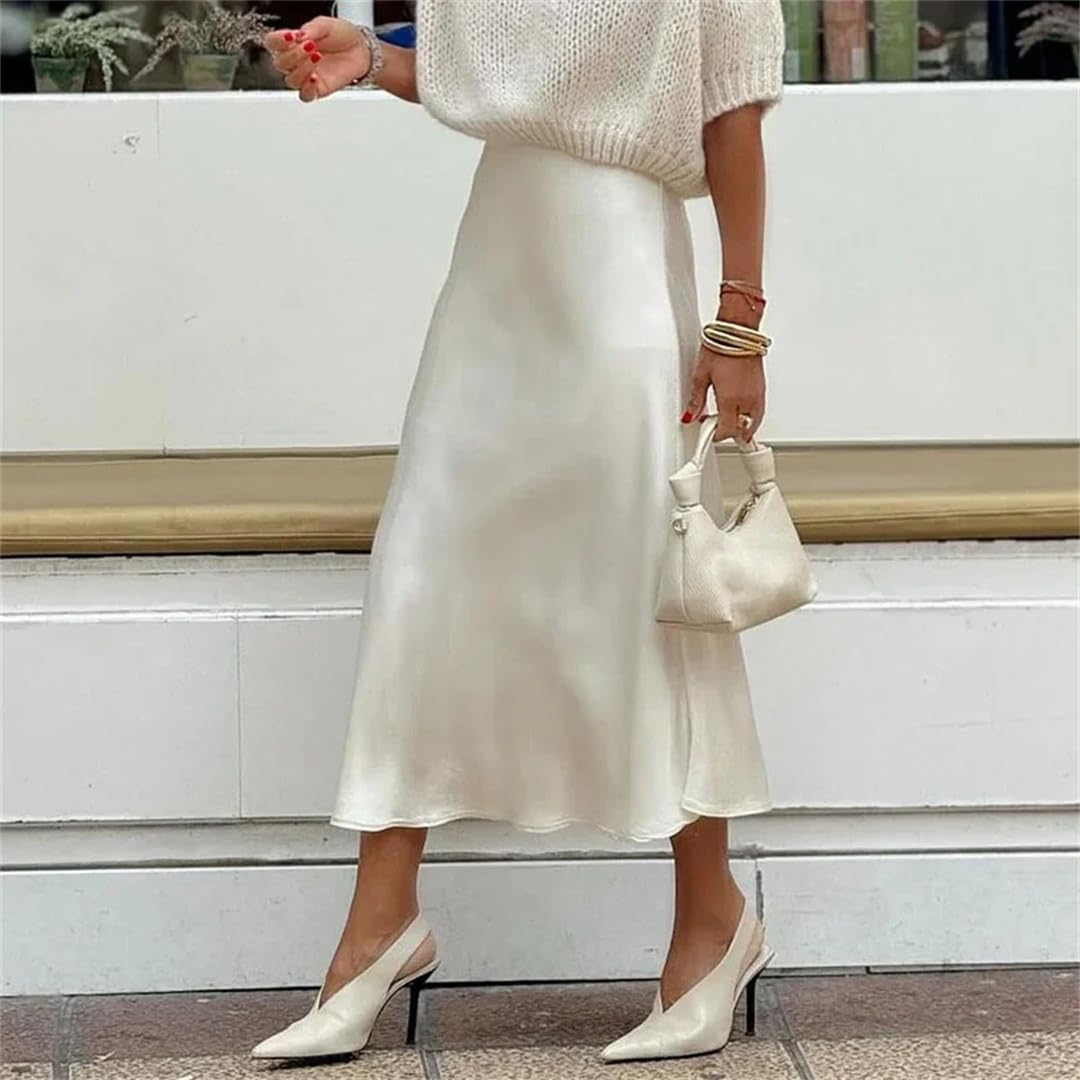 Gonne in raso a vita alta da donna Primavera Solido Drappeggiato Gonne estive Casaul Slim Long Party Gonne