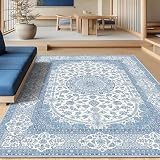 FORTSEA 大きい ラグマット 160×230cm 洗える ペルシャ風 花柄 ブルー 長方形 防音 ふわふわ 滑り止め付き 床保護 リビング ダイニングマット オールシーズン適用 薄手 軽量 インテリア おしゃれ