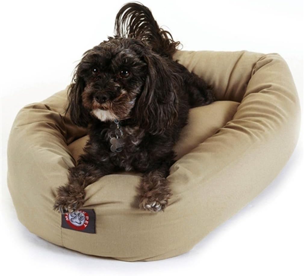 Majestic Pet 24 Inch Bagel Calming Dog Bed Washable – Cozy Soft Round Dog Bed with Spine Support for Dogs to Rest their Head - Fluffy Donut Puppy Mat 24x19x7 (Inch) Small – Khaki