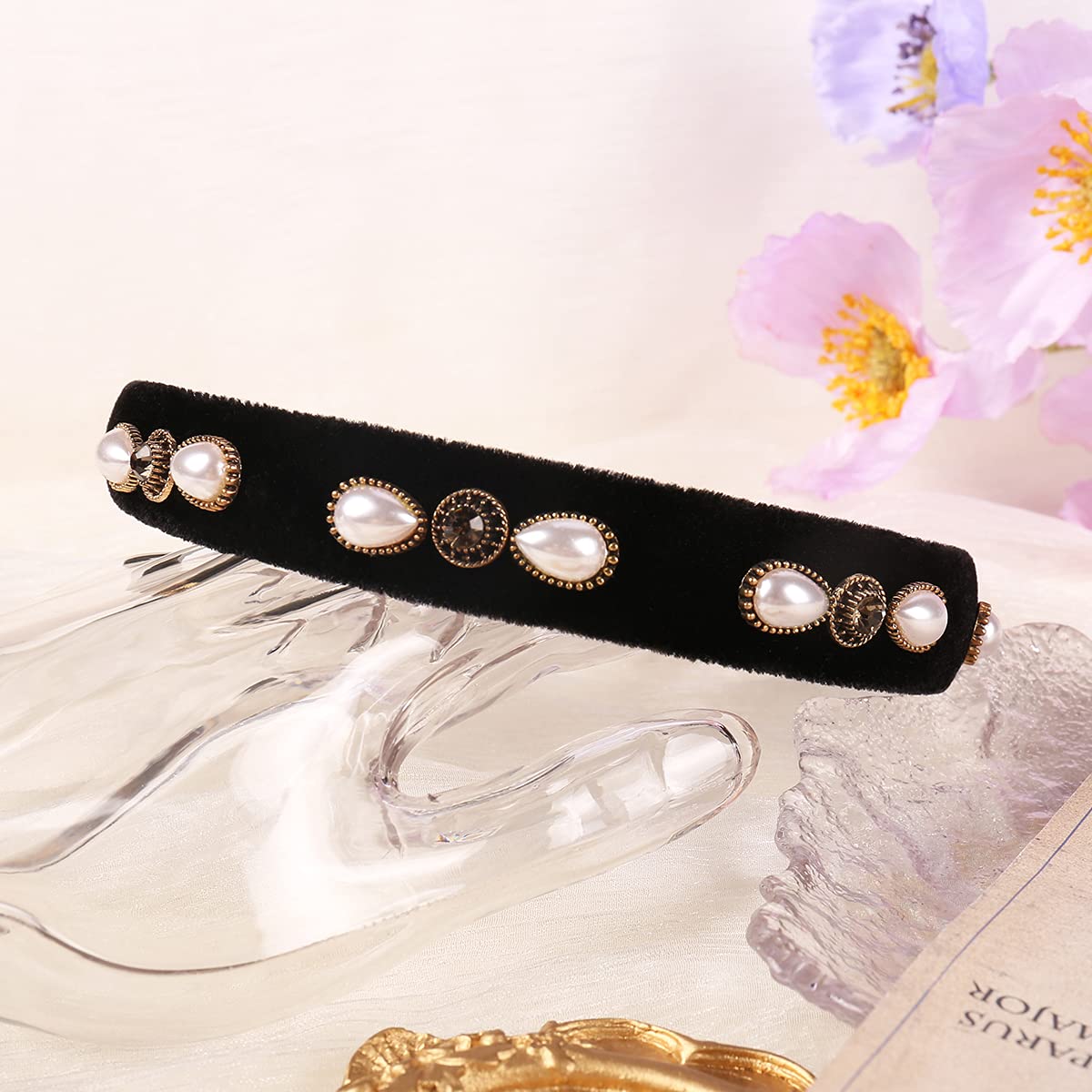 CHIC’  VELVET BLACK LADIES PEARL HEADBAND *NWT*? pearl-velvet-headband-beaded-  main image 2