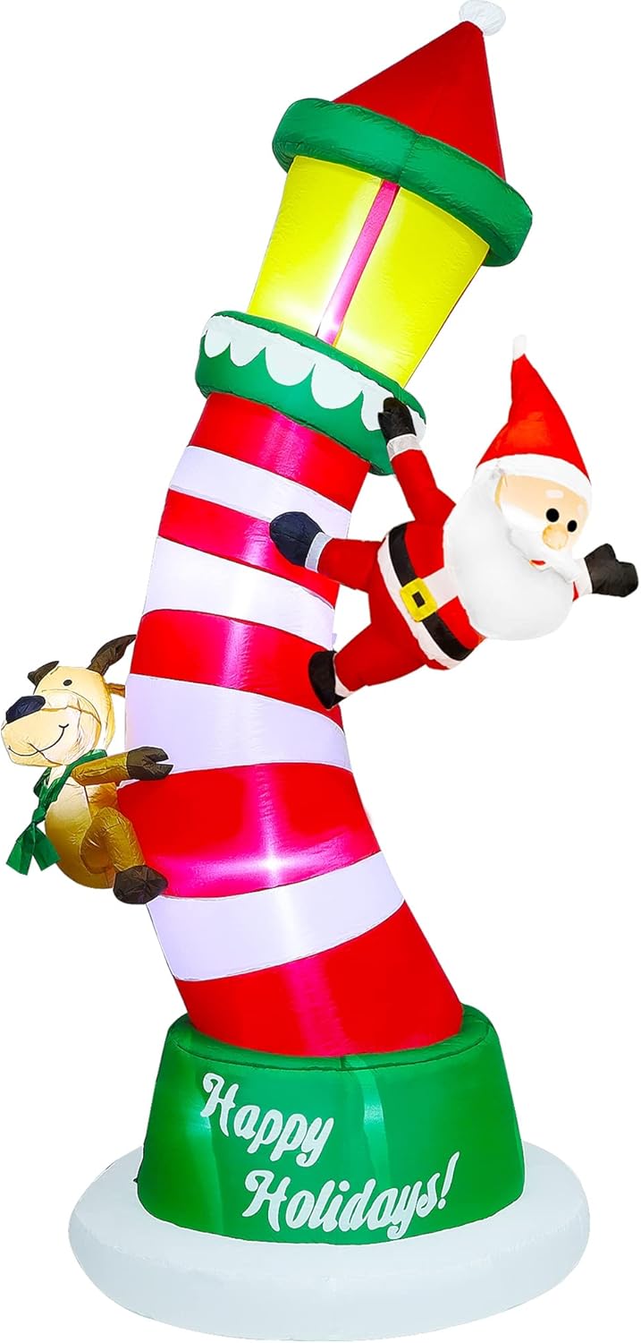Lulu Home 9FT Christmas Inflatable Decorations, Giant Lighted Lighthouse with Santa and Reindeer, Xmas Blowups with Drawstring Bags for Winter Holiday Yard Lawn Garden Outdoor Decor