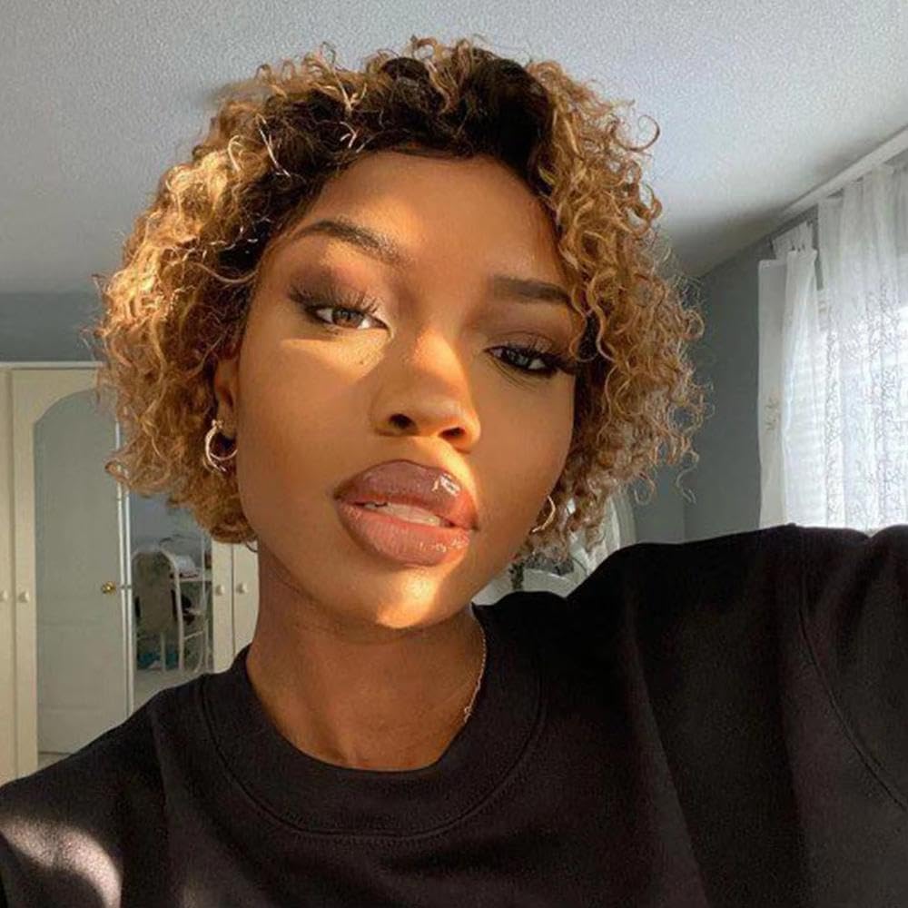 Haarpflege Honigblond Wasser Tiefe Welle 13 X 1 Spitze Afro-Locken Kurze Bob-Echthaar-Perücken Natürlich