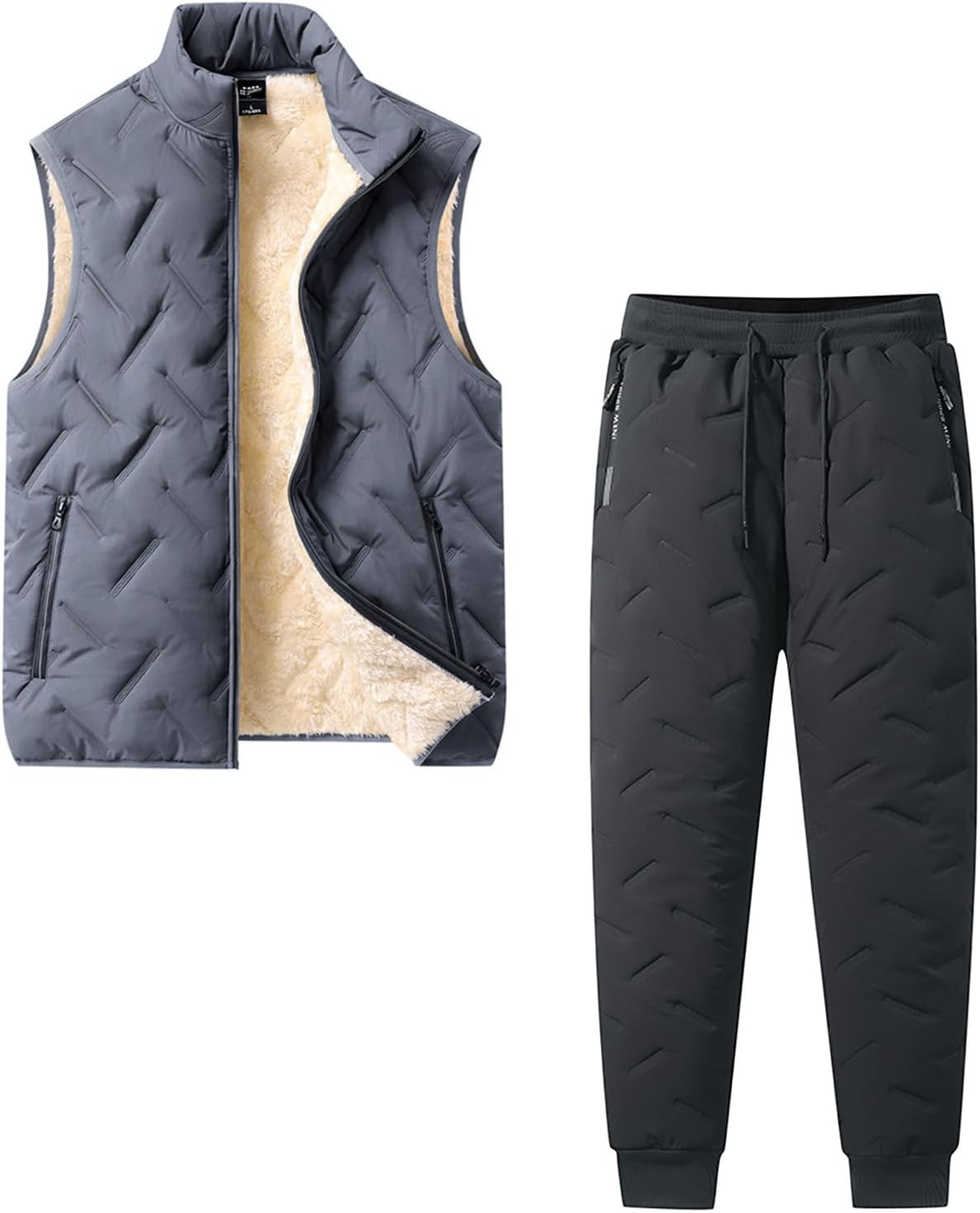 Mens 2 Piece Winter Set Thermal Outfits Sherpa Lined Puffer Vest&Fleece Lined Sweatpants Casual Sweatsuit Sets 2025
