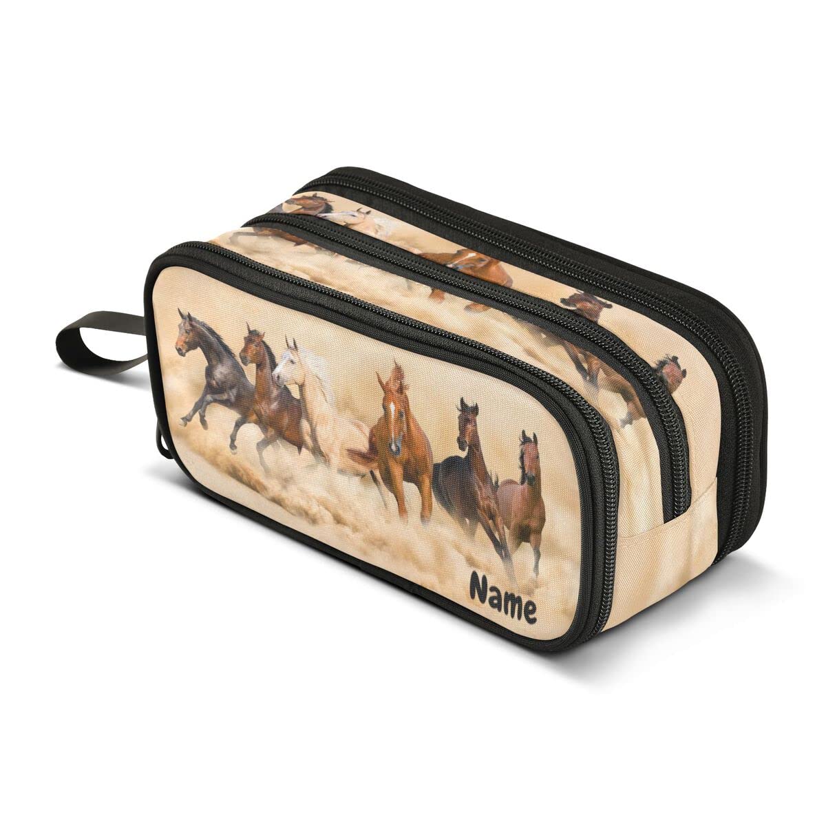 Horse Herd Running in Desert Custom Pencil Case 3 Compartment Kids Name Pen Bag Pouch Holder Box School Portable Stationery Storage Bag for Girls Boys