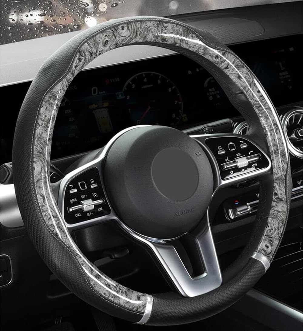 Peach Wood Grain Steering Wheel Cover Anti-Slip Breathable Durable Leather Four Seasons Universal 15 Inch Car Wrap Cover (Leopard-Gray)