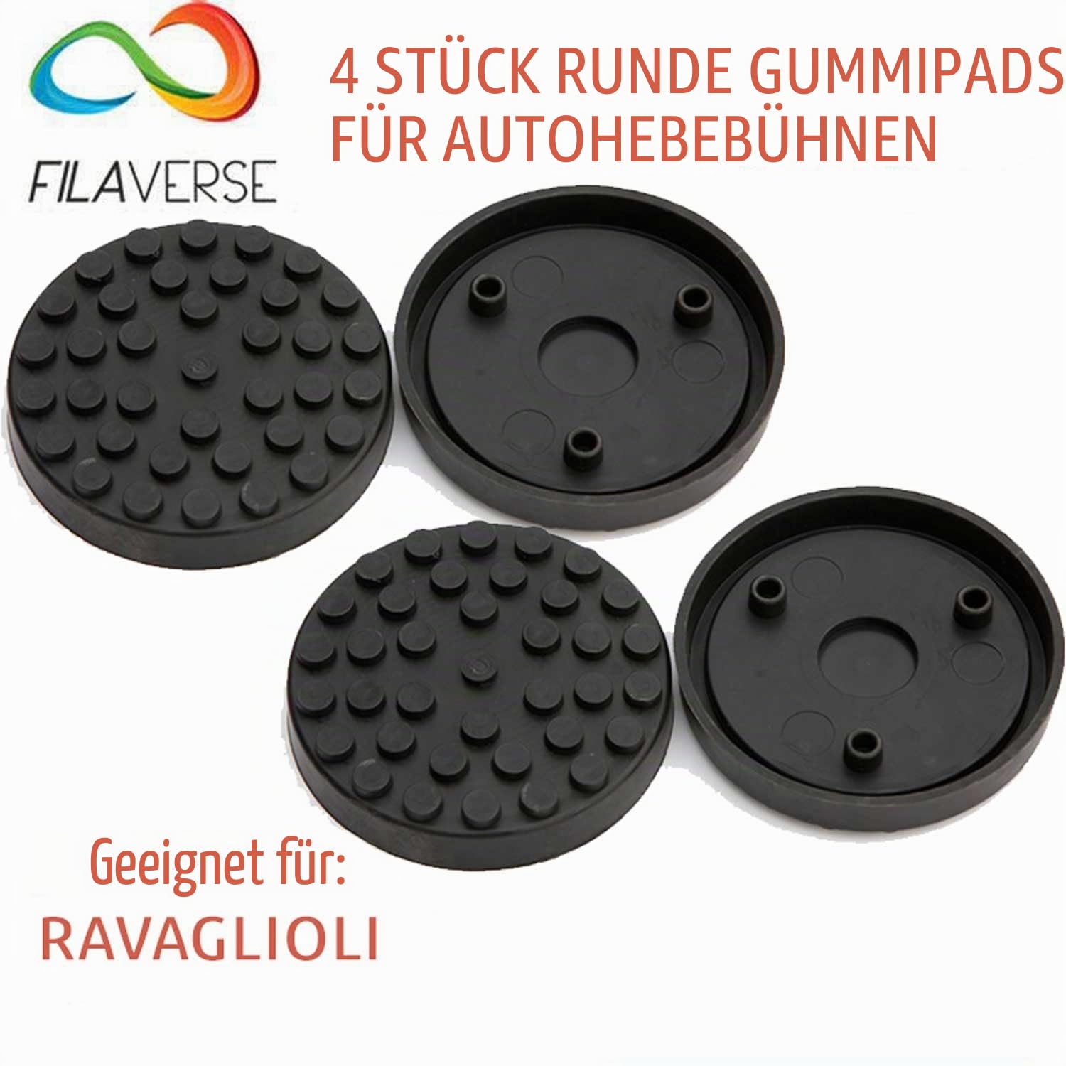 4er-Set Gummiteller aus Vollgummi für 2-Säulen-Hebebühne, Außen-Ø 145 mm, Innen-Ø 135 mm, H 26 mm, 3 Stifte — passend für Ravaglioli