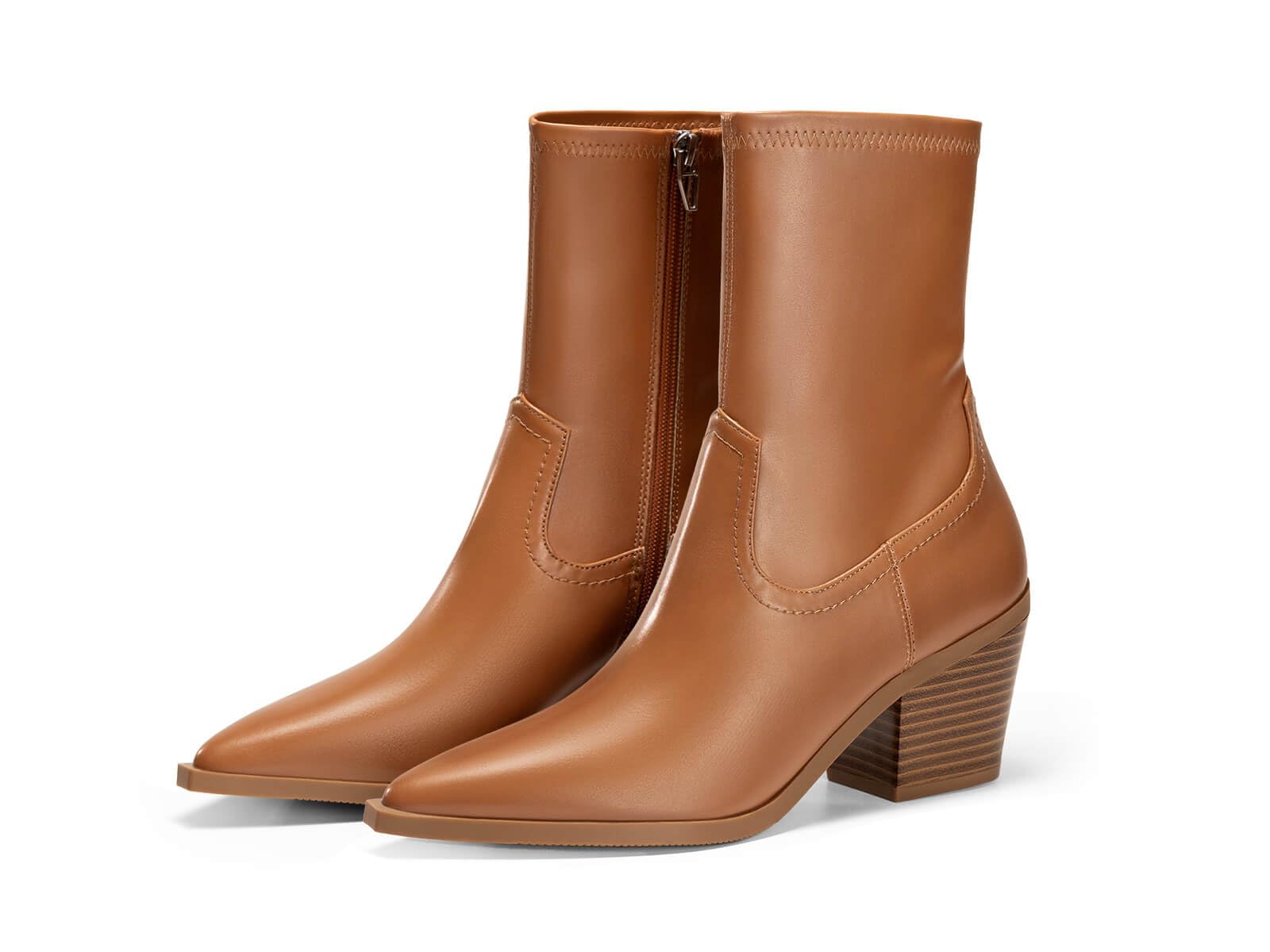 Coutgo Womens Pointed Toe Ankle Boots Chunky Stacked Heel Side Zipper Leather Fall Booties Shoes