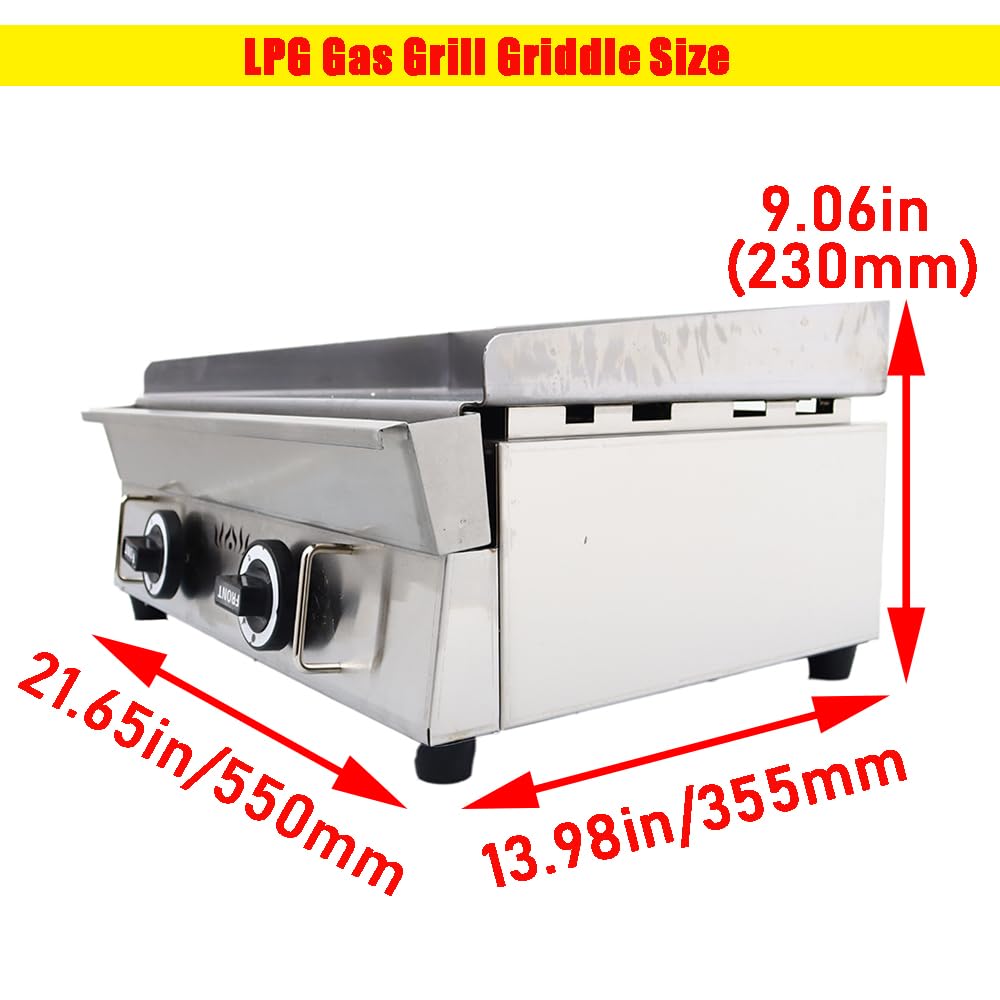 EQCOTWEA Commercial Griddle Countertop Griddle LPG Gas Grill Griddle Outdoor Flat Top Grill Griddle 2800Pa with Low Pressure Valve Adjustable Temperature 122°F-572°F (21.26x13.39in Hotplate)