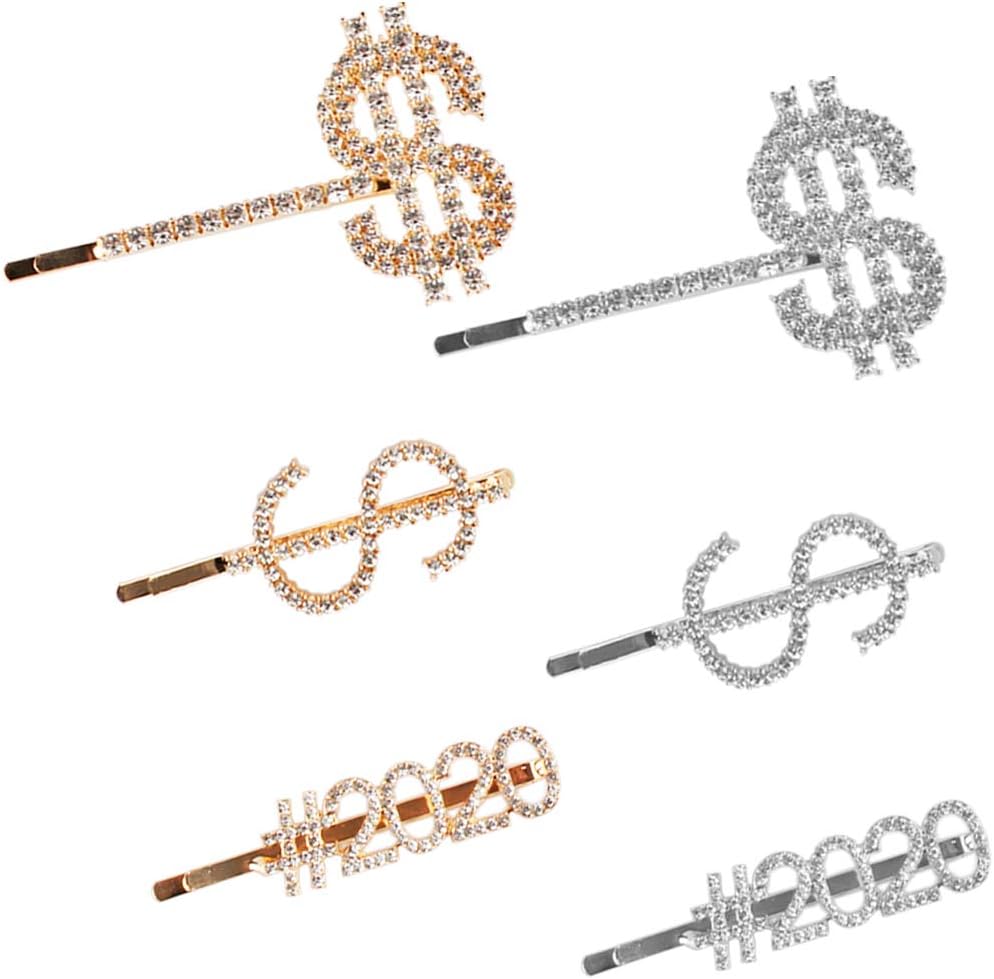 Messen Money Dollar Sign Hair Clip Bling Letters Bobby Pins Luxury Crystal Rhinestones Word Hair Barrettes for Women Girls Sparkle Headwear Accessories (6 Pieces,$/#2020,Gold and Silver)