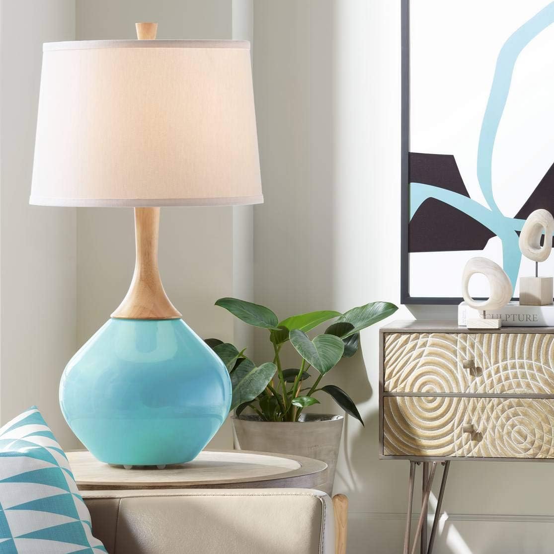 Color + Plus Wexler 31" Tall Large Mid Century Modern Coastal End Table Lamp Vast Sky Blue Finish Glass Wood Single Fabric White Shade Living Room Bedroom Bedside Nightstand House Office Home