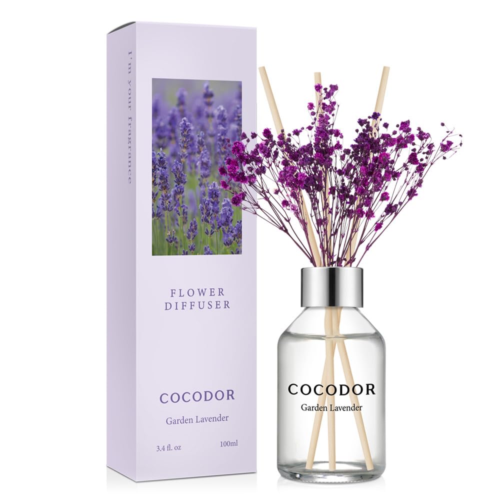 COCODOR Flower Reed Diffuser Set / 3.4oz / Garden Lavender/Scent Diffuser with Sticks Home Fragrance Reed Diffuser for Bathroom Shelf Decor