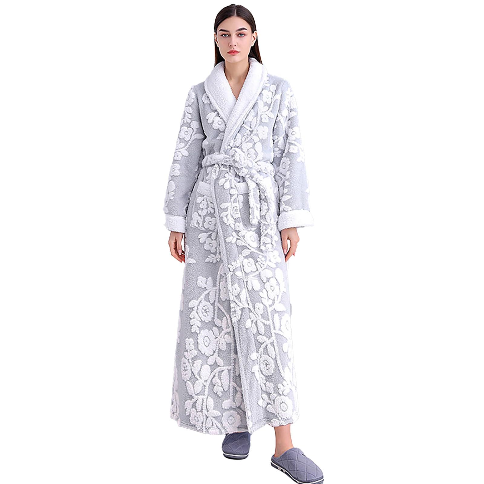 Vestaglia da donna con stampa floreale, leggera, M-3XL, con fodera in pile | Pigiama da donna, taglie lunghe, vestibilità ampia, con colletto a risvolto, con cintura, comodo